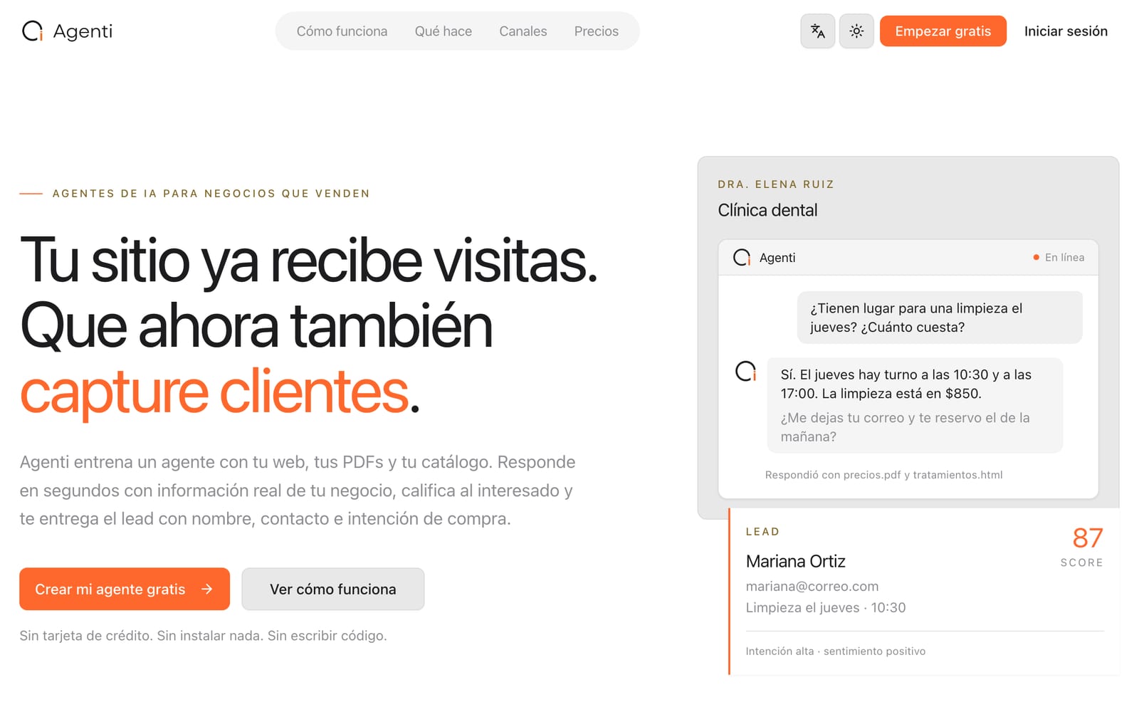 Sitio de Agenti: un agente de IA de una clínica dental responde a un paciente y entrega el lead calificado