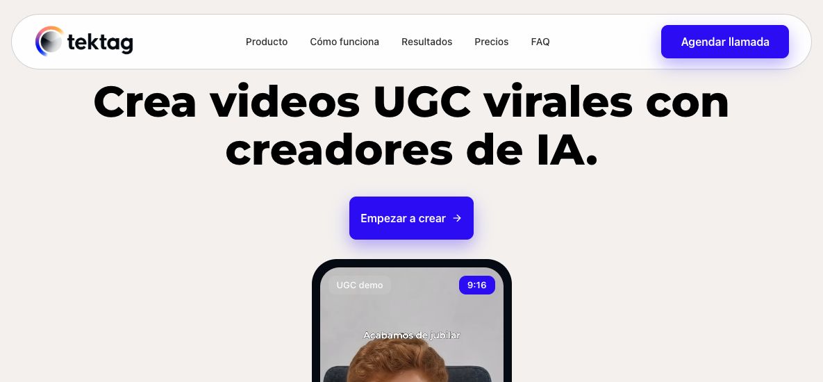 Plataforma Studio TekTag para crear contenido UGC con inteligencia artificial